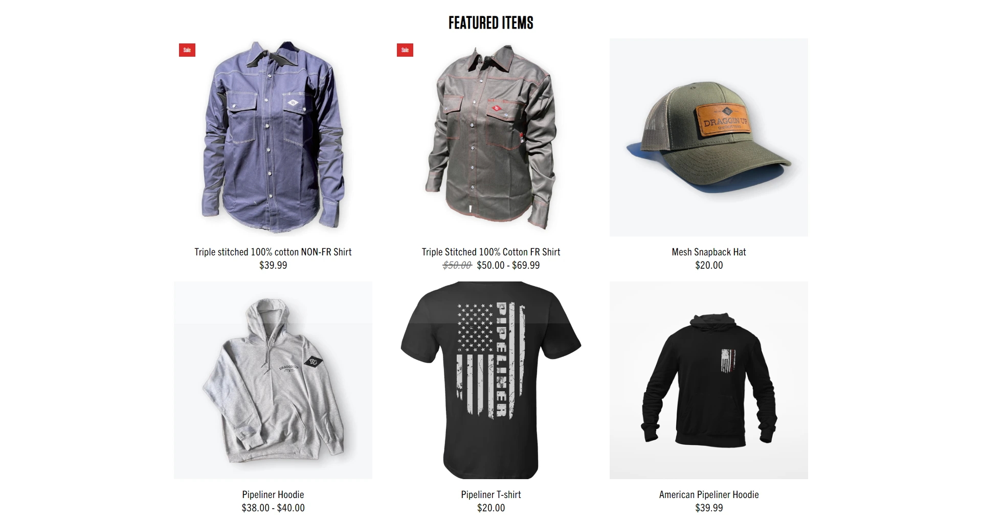 Featured products screenshot of Draggin Up Outfitters